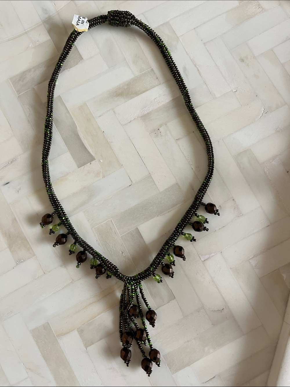 NWT Beaded Black and Green Fringe Necklace